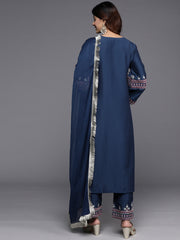 Women Blue Embroidered Straight Kurta   Paired With Tonal Embroidered Bottom And With Tonal  Chiffon Dotted Dupatta