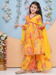Girls Yellow Floral Printed Alia Design Kurta With Sharara With dupatta
