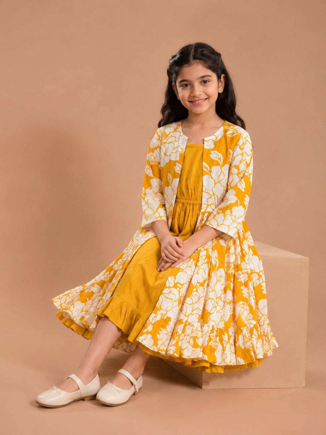 Yellow Floral Printed Midi Dress For Girls