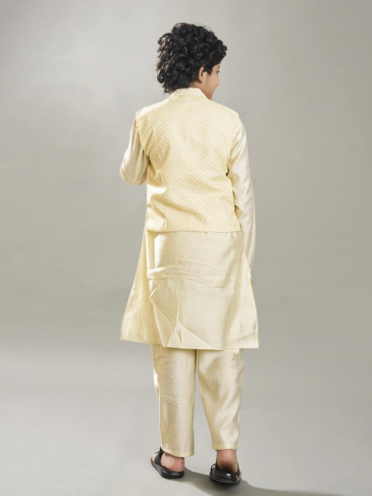 Boys off white kurta pajama with off white floral print jacket