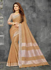 Elegant Peach Woven Linen Saree with Contrast Zari Border & Tassels – Soft & Breathable Party Wear