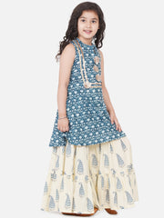 cotton Woven Sleeveless Floral Print A Line Kurta And Sharara Set - Blue