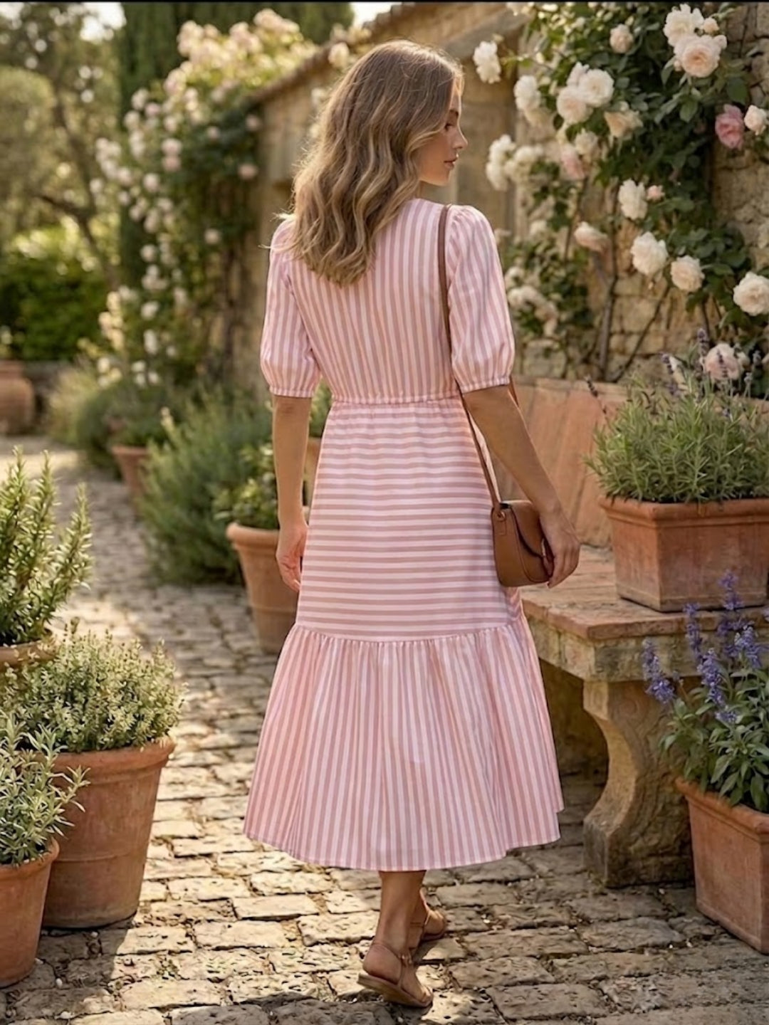 Pink Playful Stripe V-Neck Dress-ADR-22019