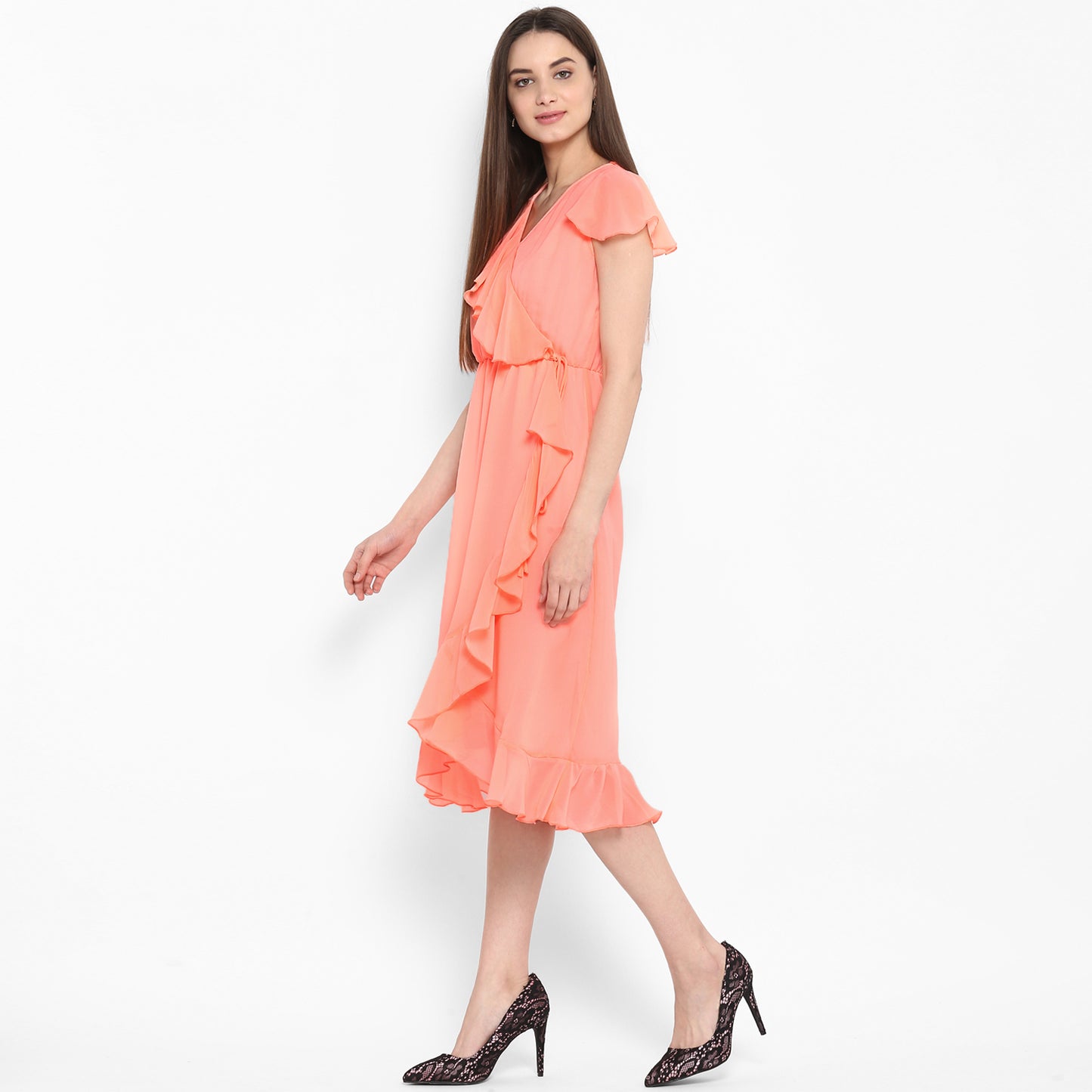 StyleStone Women's Neon Pink Cascade Ruffled Dress