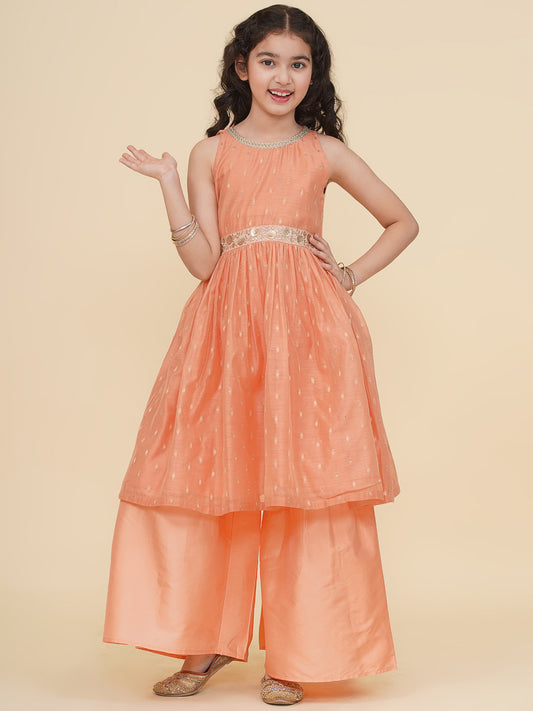 Girls Peach Self design Kurta with Sharara