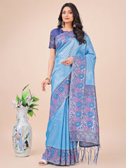 Premium Pink & Sky Blue Floral Woven Lichi Silk Saree with Rich Pallu & Tassels – Festive & Party Wear for Women
