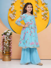 Girls Blue Floral Printed Kurta with Sharara With dupatta