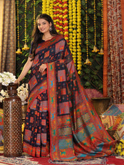 Off White Linen Cotton Saree with Multicolor Ethnic Print – Soft & Lightweight Saree for Festive, Daily, and Office Wear