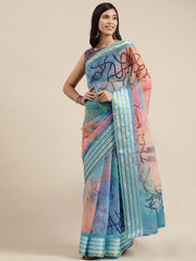 ساري نسائي من الأورجانزا الأزرق مطبوع رقميًا، مستوحى من إطلالات المشاهير، مع قطعة بلوزة.