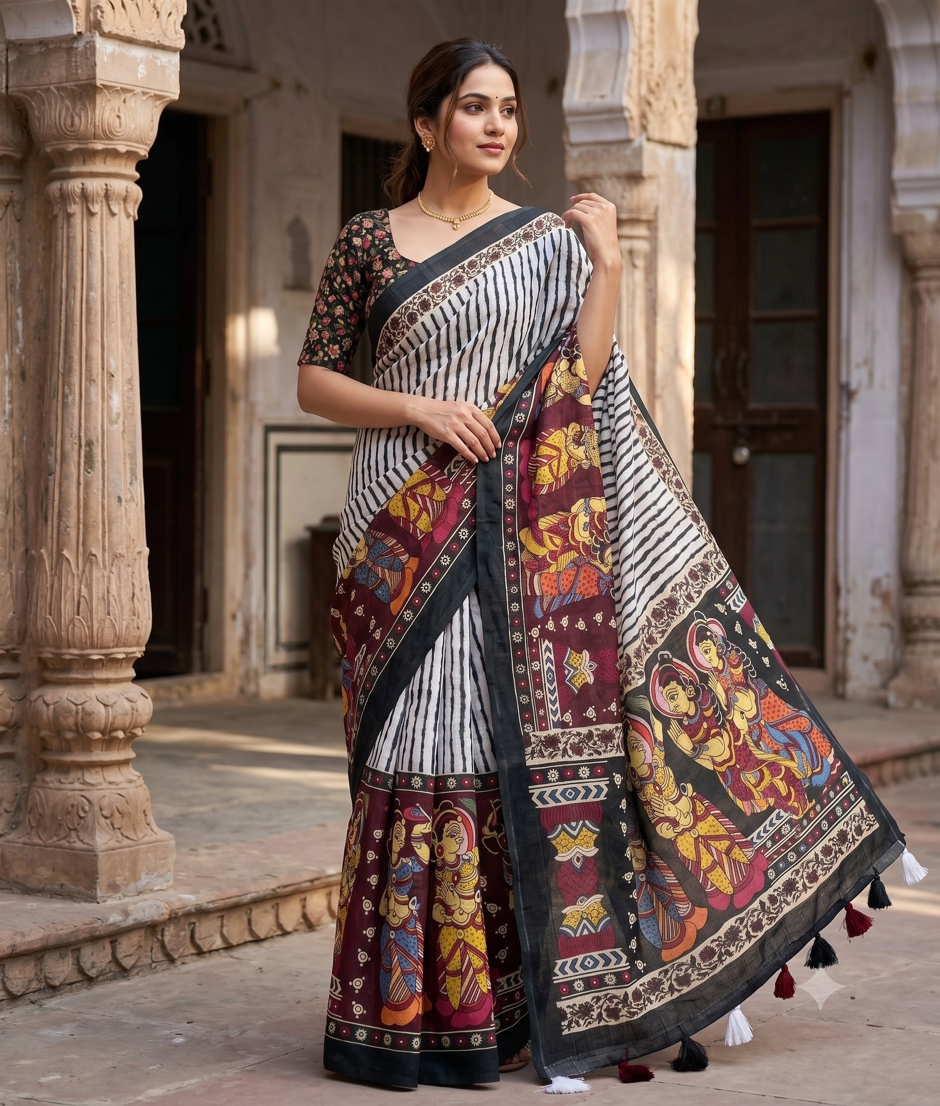 Soft linen saree with shaded style prints.