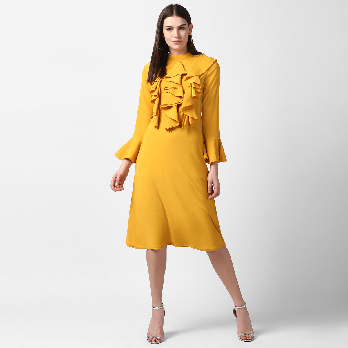 Women's Yellow Front Ruffle Bell Sleeve Dress