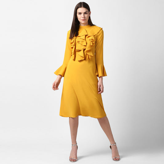 Women's Yellow Front Ruffle Bell Sleeve Dress