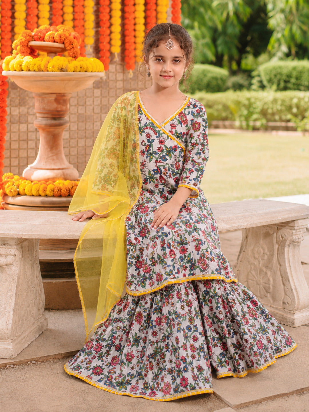 Girls white Floral Printed Kurta with Sharara & Dupatta