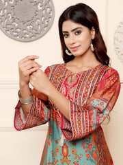 Women Turquish Ethnic Printed  Zari & Gota Lace Detailed Kurta With Solid Trouser & Dupatta