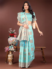 Elegant Sky Blue Linen Saree with Intricate Woven Patterns – Lightweight Grace for Everyday and Festive Moments