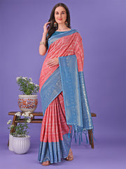 Vibrant Yellow & Blue Lichi Silk Saree with Rich Woven Border and Contrast Blouse – Festive & Wedding Wear