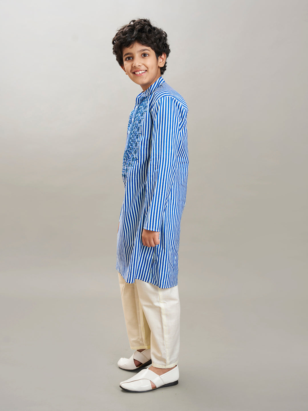 Boys blue white stripe embroidery kurta with a off white pajama