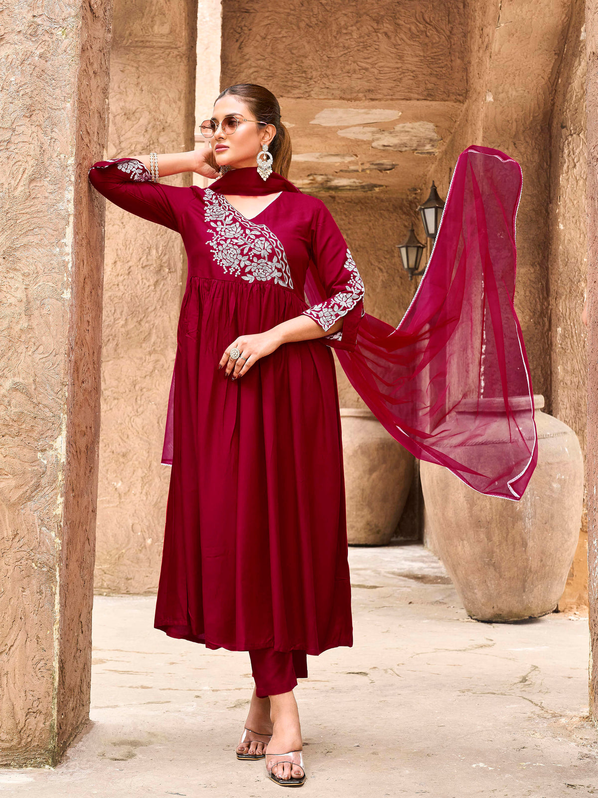 Red color rayon white thread embroidered A line kurta & trouser with dupatta set 