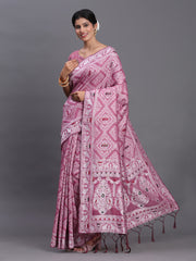 Sky Blue Linen Cotton Saree with Multicolor Elephant & Temple Motifs – Traditional Woven Pallu & Tassels