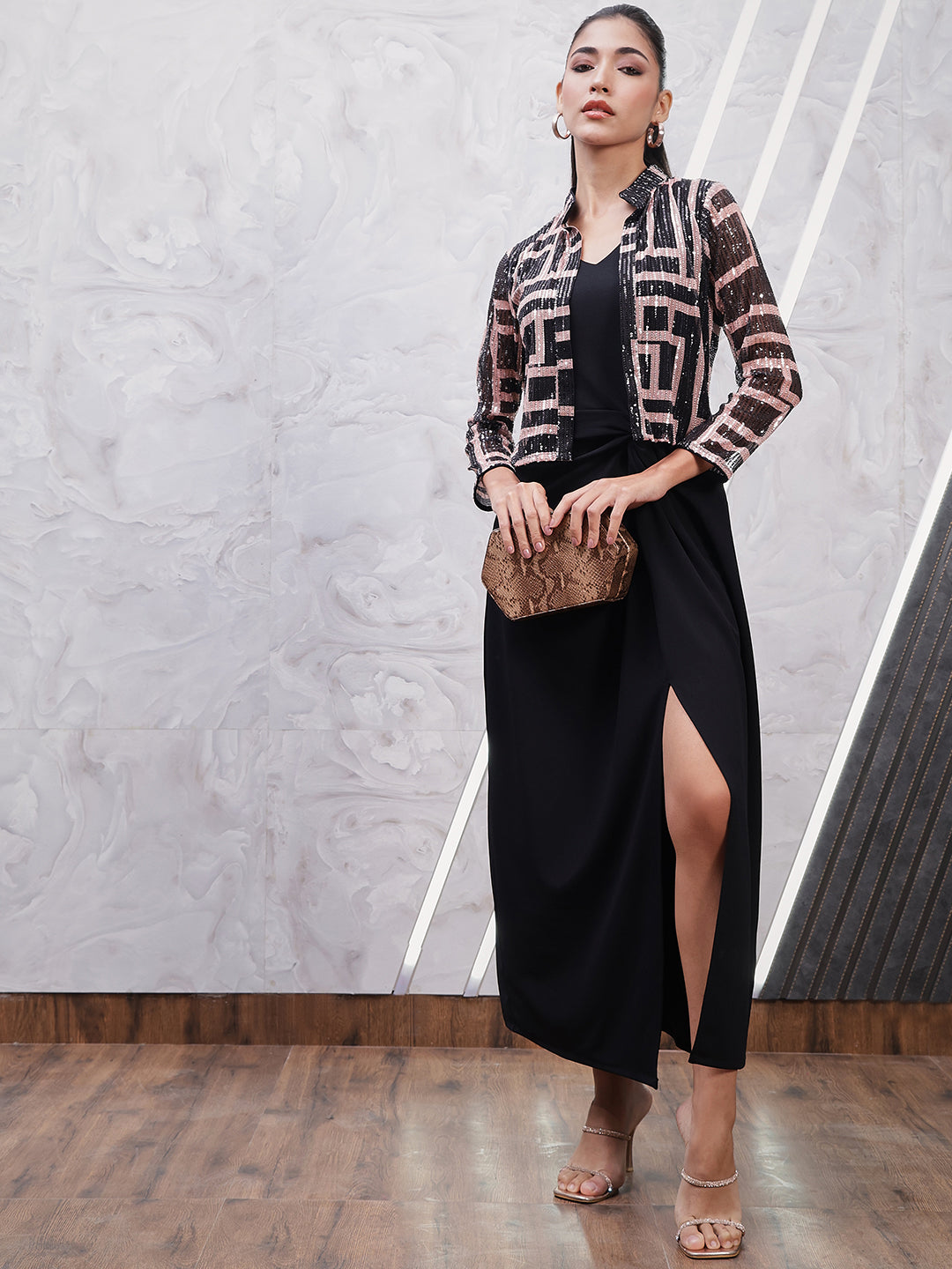 Geometric Printed Embellished V-Neck Sheath Dress With Jacket