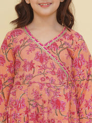 Girls Peach Floral Printed Angrakha Kurta with Sharara