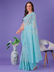 Light Green Lichi Silk Saree with Floral Weaving & Tassel Pallu – Elegant Festive & Party Wear Saree