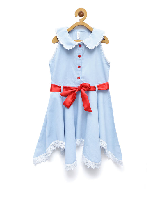 Girls Denim Asymmetrical Hemline Dress with Red Belt