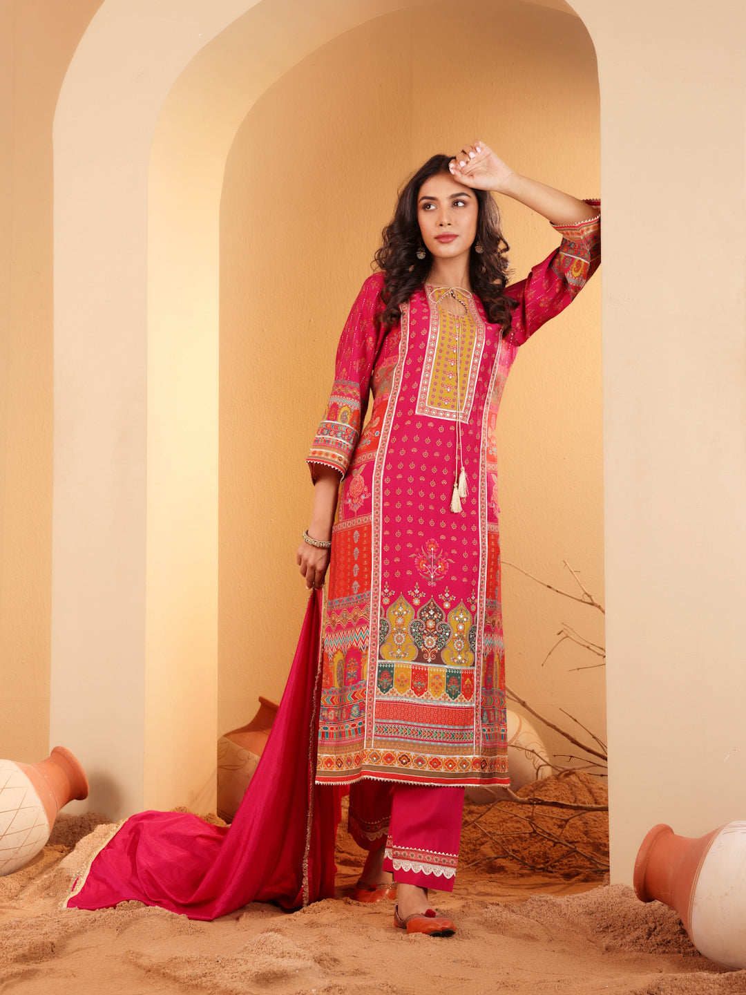 Women Fuschia Pink Ethnic Printed Straight Kurta With Embroidered Trouser