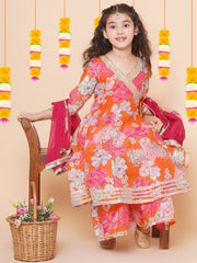 Girls Orange Multi Floral Printed Angrakha Gotta Patti Kurta & Sharara set With Dupatta