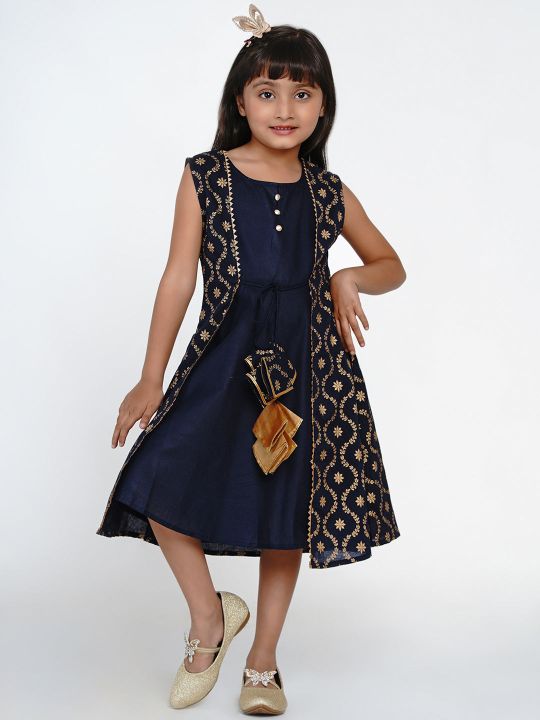 Cotton Blend Woven Sleeveless Self Design Flared Frock - Blue