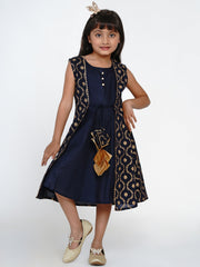 Cotton Blend Woven Sleeveless Self Design Flared Frock - Blue