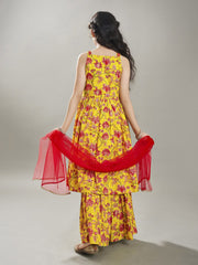 Girls Yellow Cotton Kurta with Sharara set with Dupatta