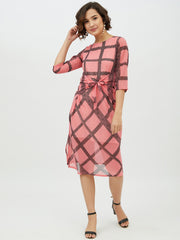 Women's Pink Check front Tie Knot Midi Dress