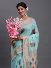 Elegant Linen Cotton Saree with Woven Pallu, Big Butta Work & Tassels - Office & Festive Wear