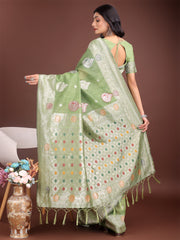 Elegant Olive Green Linen Cotton Saree with Zari Border & Woven Motifs – Perfect for Sophisticated Everyday & Festive Looks