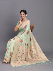 Elegant Linen Cotton Saree with Woven Pallu, Big Butta Work & Tassels - Office & Festive Wear