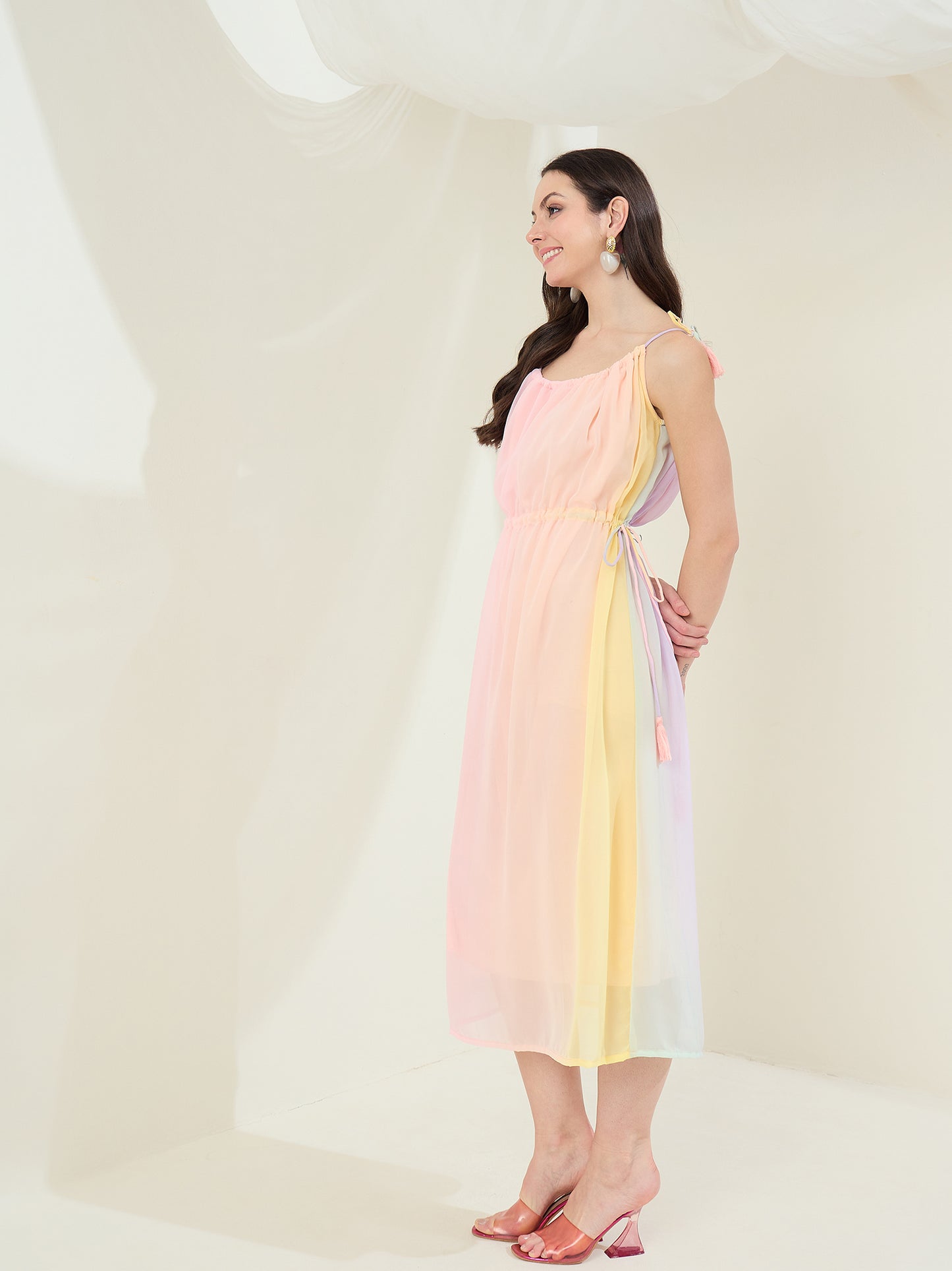 StyleStone Women's Peach Georgette Printed Dress with Drawstrings