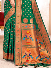 Pink Kanjivaram Silk Saree with Golden Zari and Colorful Peacock Woven Pallu Design