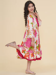 Cotton Woven Three Fourth Sleeves Floral Print Fit And Flare Ethnic Dress With Jacket - Pink