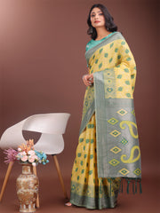 Stylish Green Linen Cotton Saree with Woven Design – Lightweight Elegance for Everyday Grace