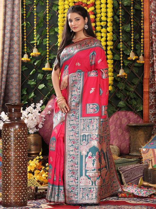 Traditional Red Art Silk Temple Border Festive Wedding Wear Saree