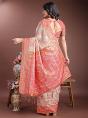 Graceful Beige & Coral Linen Cotton Saree – Lightweight Elegance for Modern Women