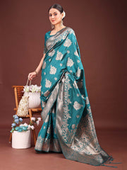 Emerald Banarasi Silk Saree with Zari Floral Work - Elegance Woven in Every Thread