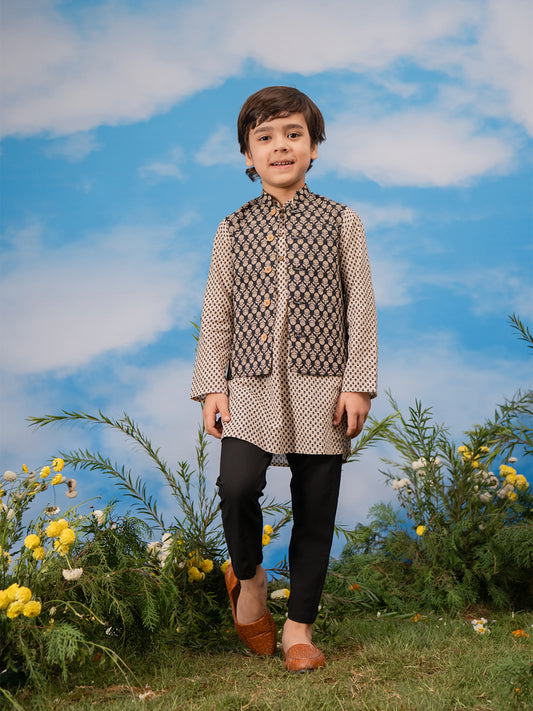 Boys' Black Jacket,Kurta And Pyjama Set.
