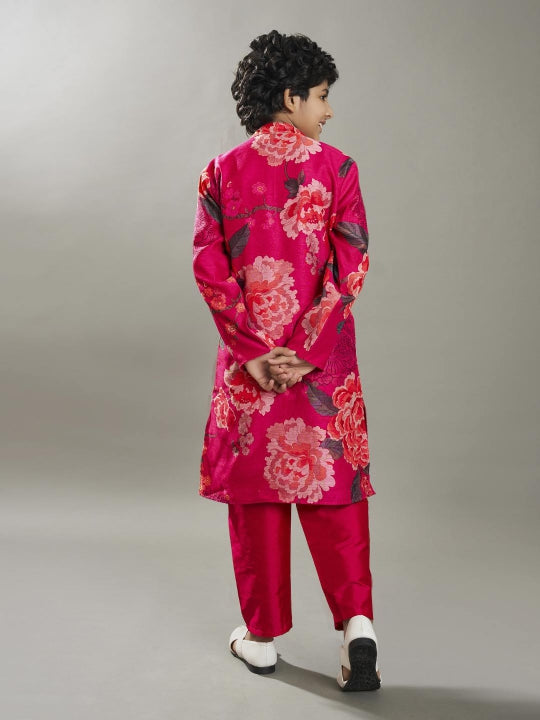 Boys Pink floral printed kurta with a Pink pajama