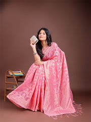 Elegant Peach Pink Linen Cotton Saree for Women – Soft Lightweight Saree with Subtle Self-Weave & Tassel Pallu