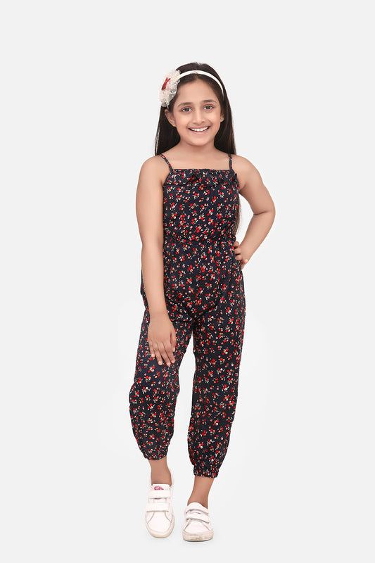 Girls Red and Black Printed Rayon Jumpsuit