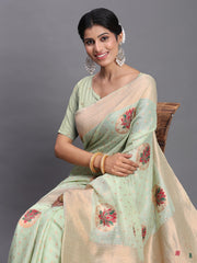 Elegant Linen Cotton Saree with Woven Pallu, Big Butta Work & Tassels - Office & Festive Wear