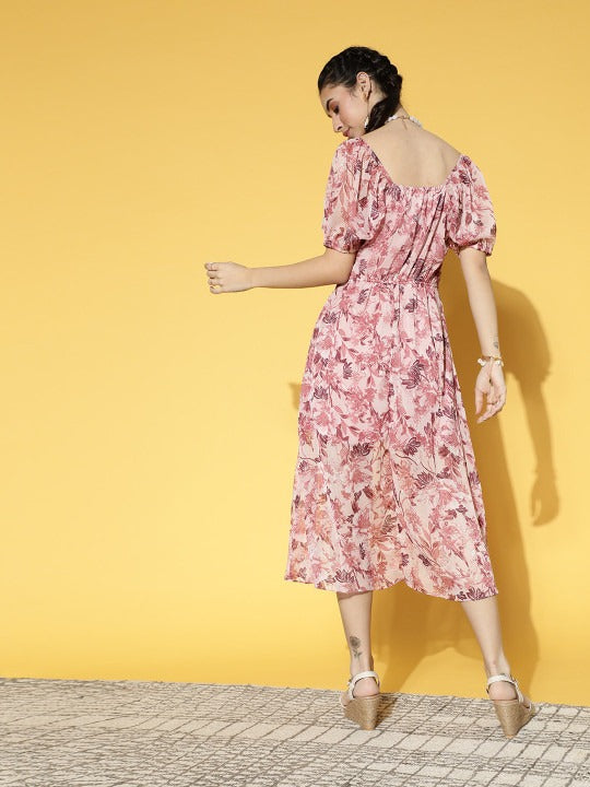 Women Pretty Pink Floral Volume Play Dress