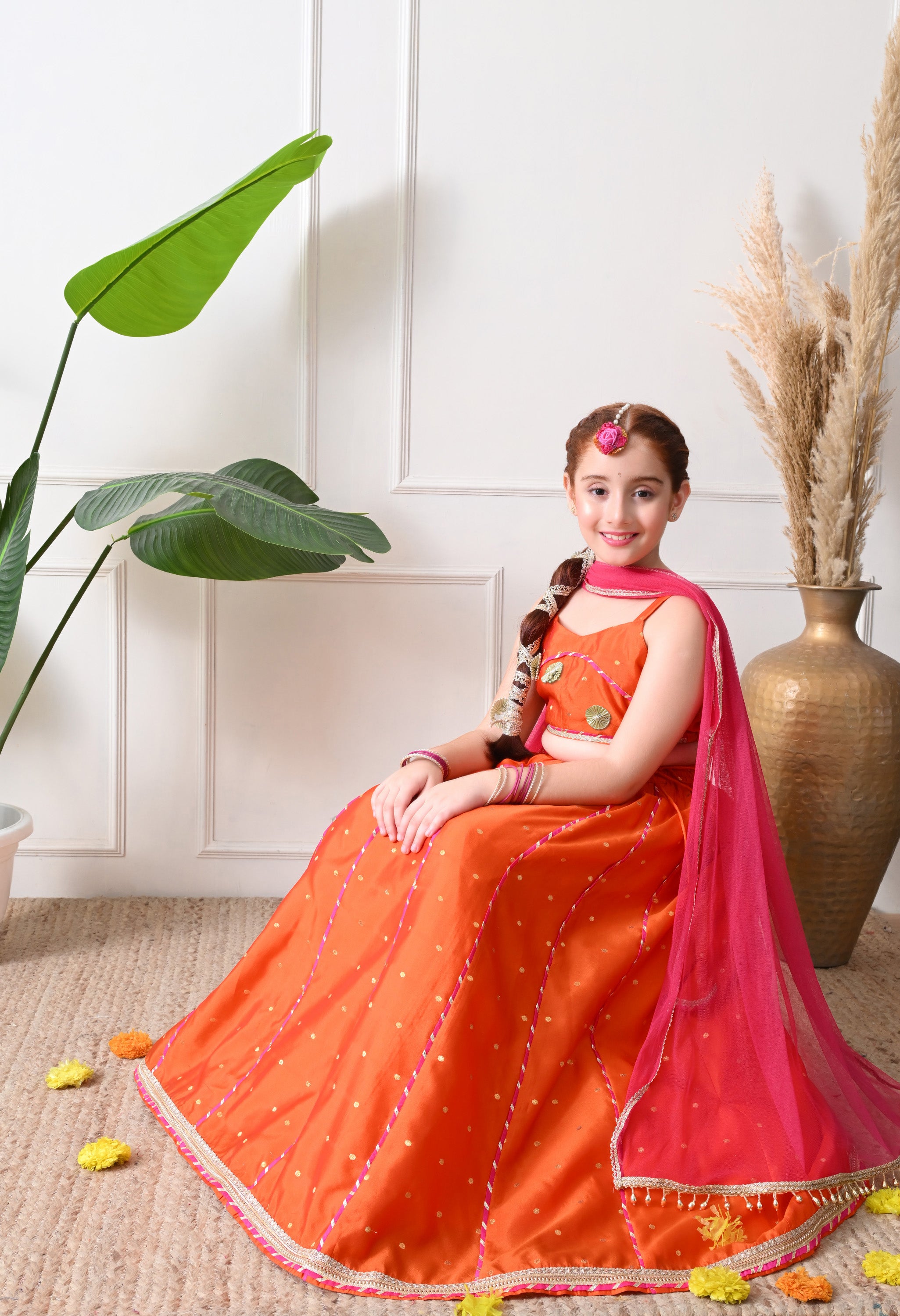 Girls Girls Orange Embellished Lehenga Choli Set with Dupatta Ethnic Wear